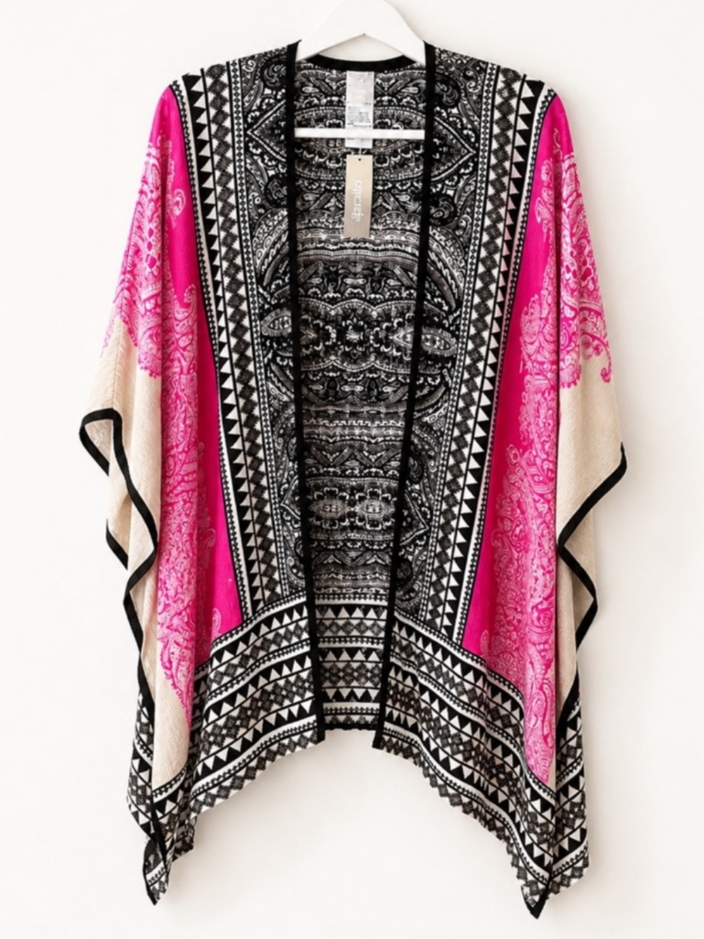 CHICO’s Boho Mixed Print Swim Coverup Ruana Kimono L - XL Black Pink Resort NWT